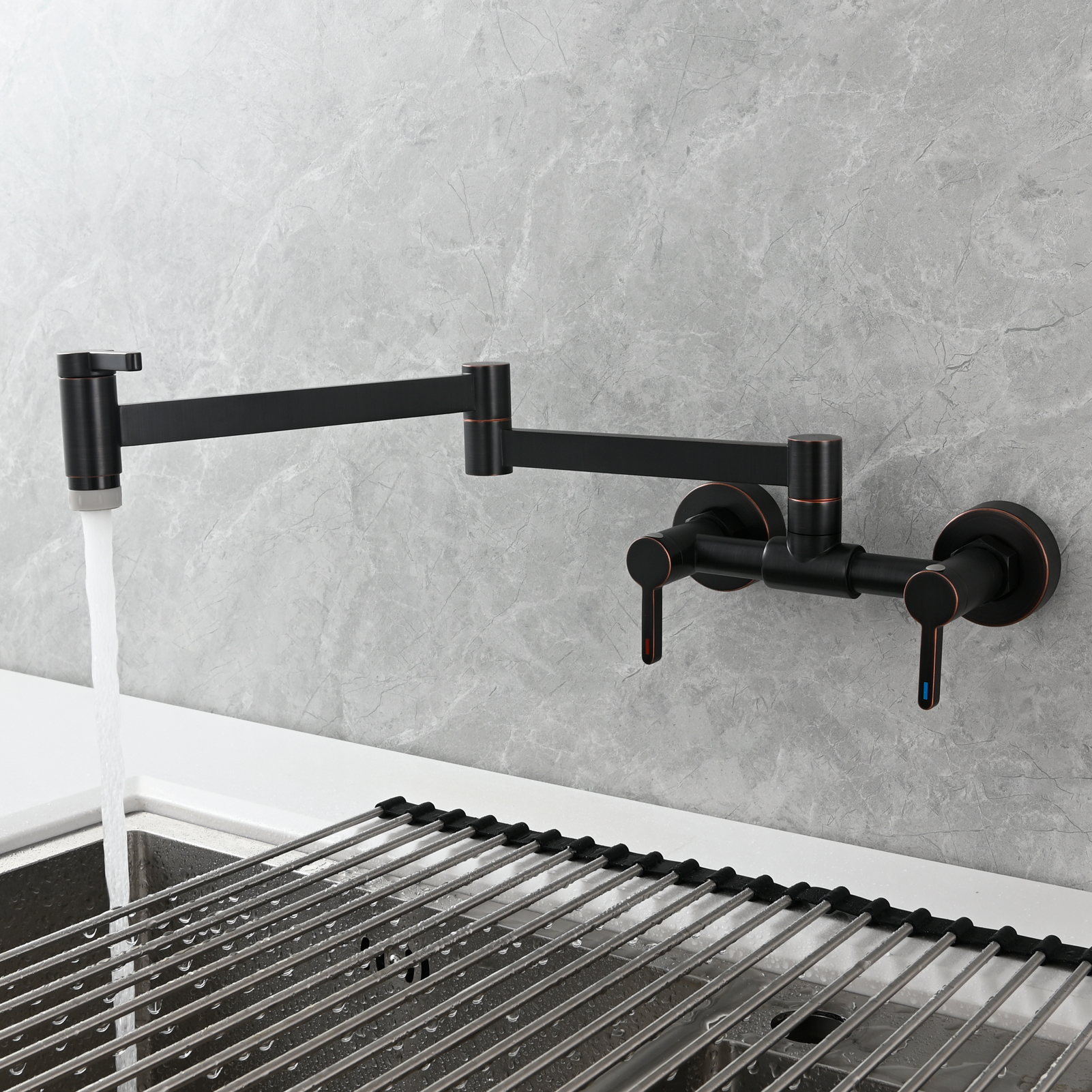 Tecmolog Brass Pot Filler Faucet Folding Kitchen Faucet with Double Joint Swing Arms Rotated Tap Wall Mounted for Hot and Cold Water Chrome/Brushed/Gold/Black