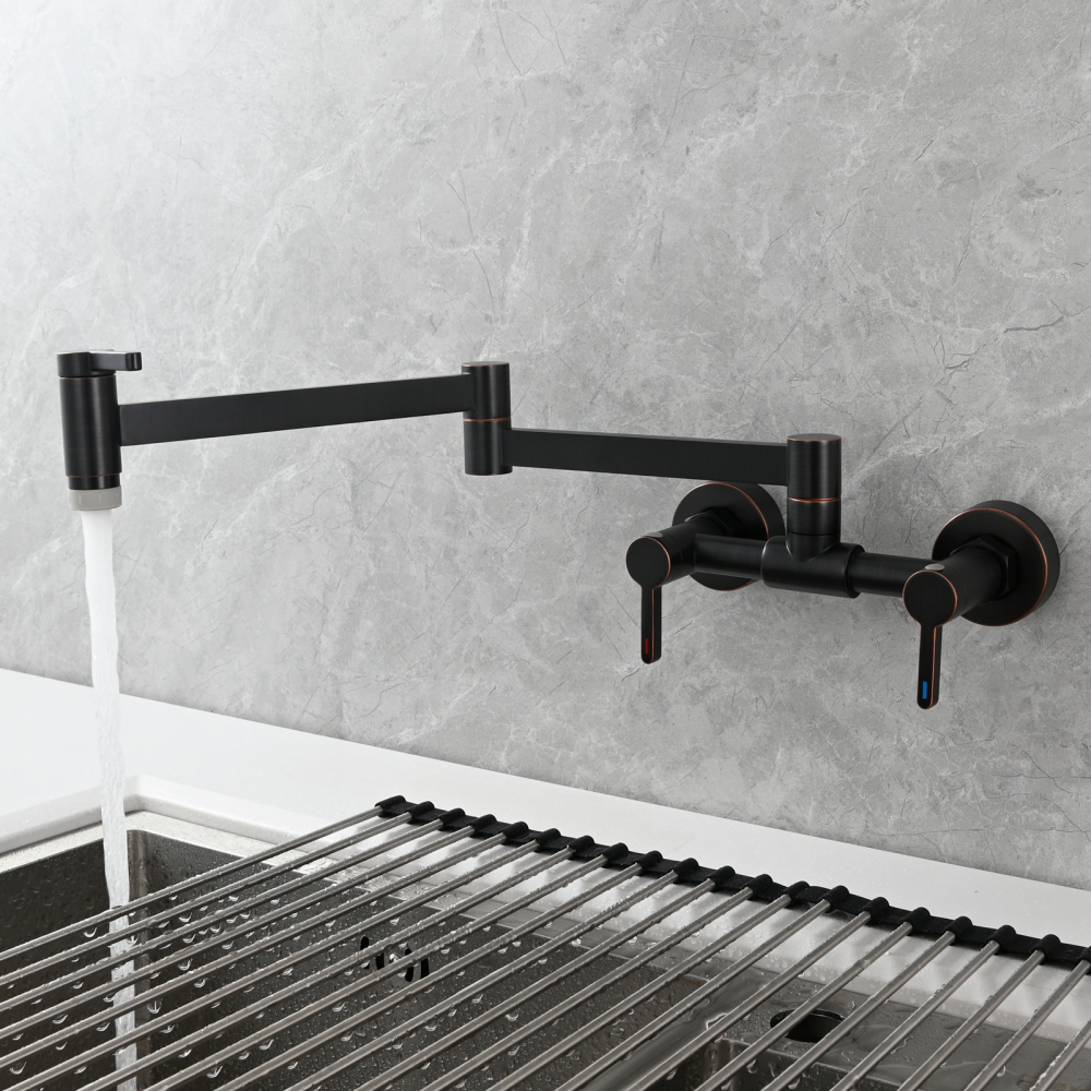 Tecmolog Brass Pot Filler Faucet Folding Kitchen Faucet with Double Joint Swing Arms Rotated Tap Wall Mounted for Hot and Cold Water Chrome/Brushed/Gold/Black