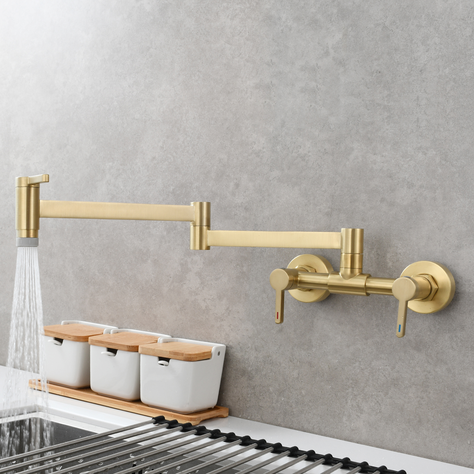 Tecmolog Brass Pot Filler Faucet Folding Kitchen Faucet with Double Joint Swing Arms Rotated Tap Wall Mounted for Hot and Cold Water Chrome/Brushed/Gold/Black