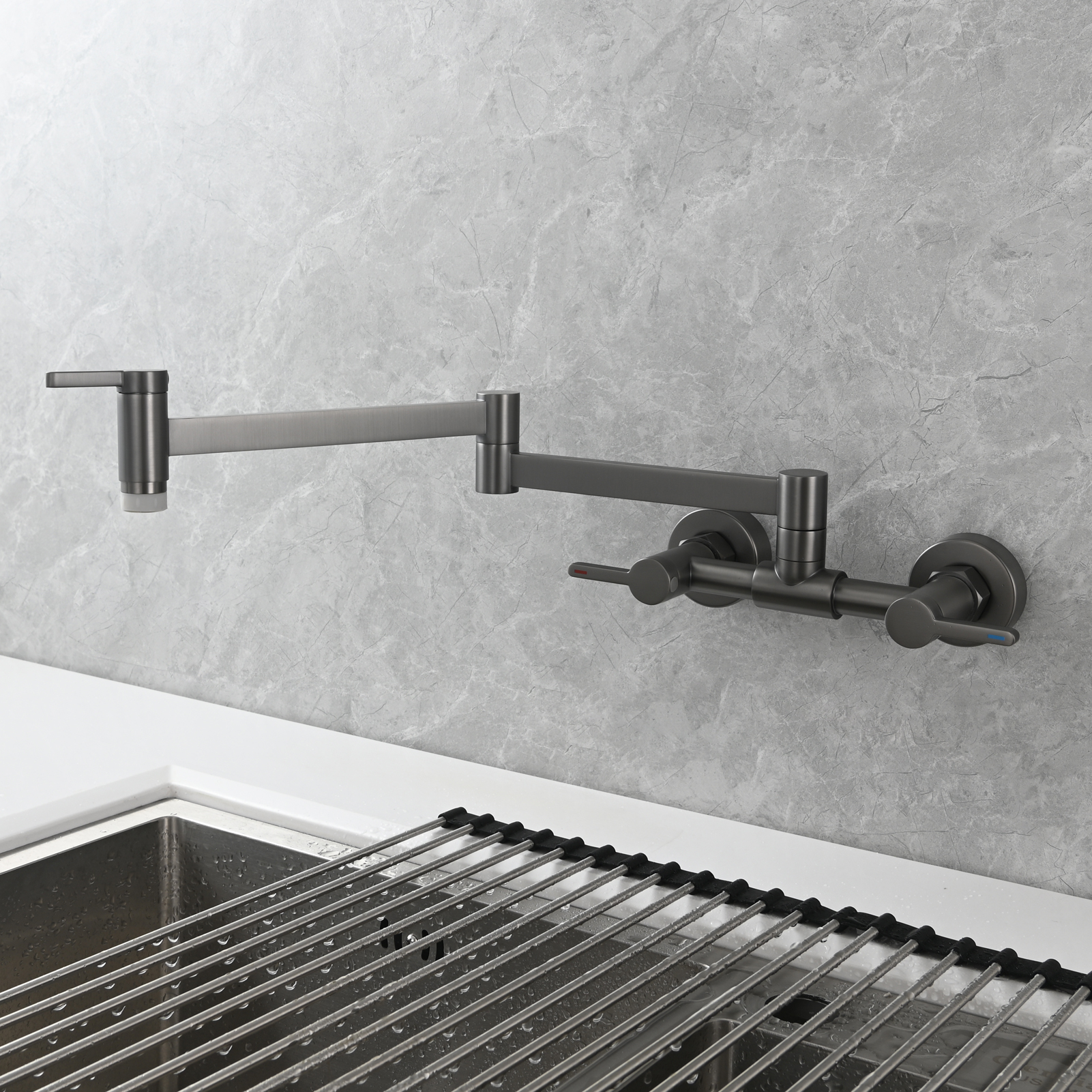 Tecmolog Brass Pot Filler Faucet Folding Kitchen Faucet with Double Joint Swing Arms Rotated Tap Wall Mounted for Hot and Cold Water Chrome/Brushed/Gold/Black