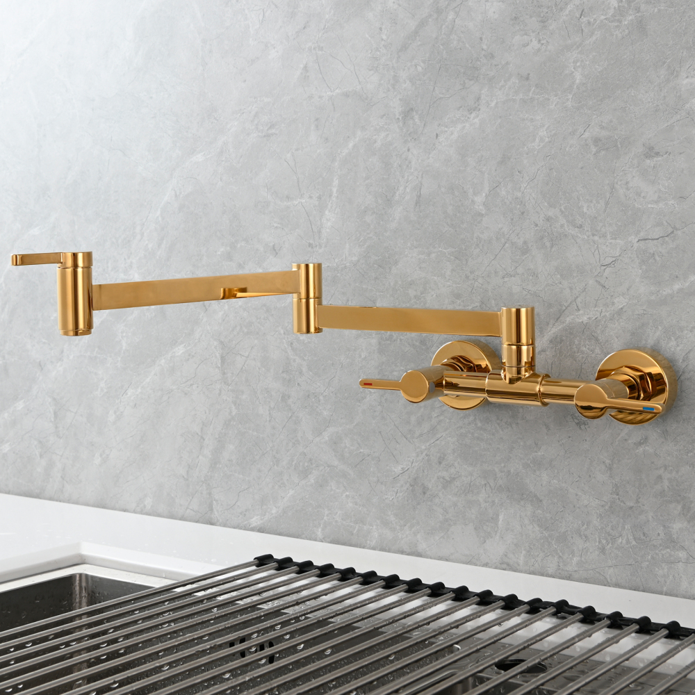 Tecmolog Brass Pot Filler Faucet Folding Kitchen Faucet with Double Joint Swing Arms Rotated Tap Wall Mounted for Hot and Cold Water Chrome/Brushed/Gold/Black