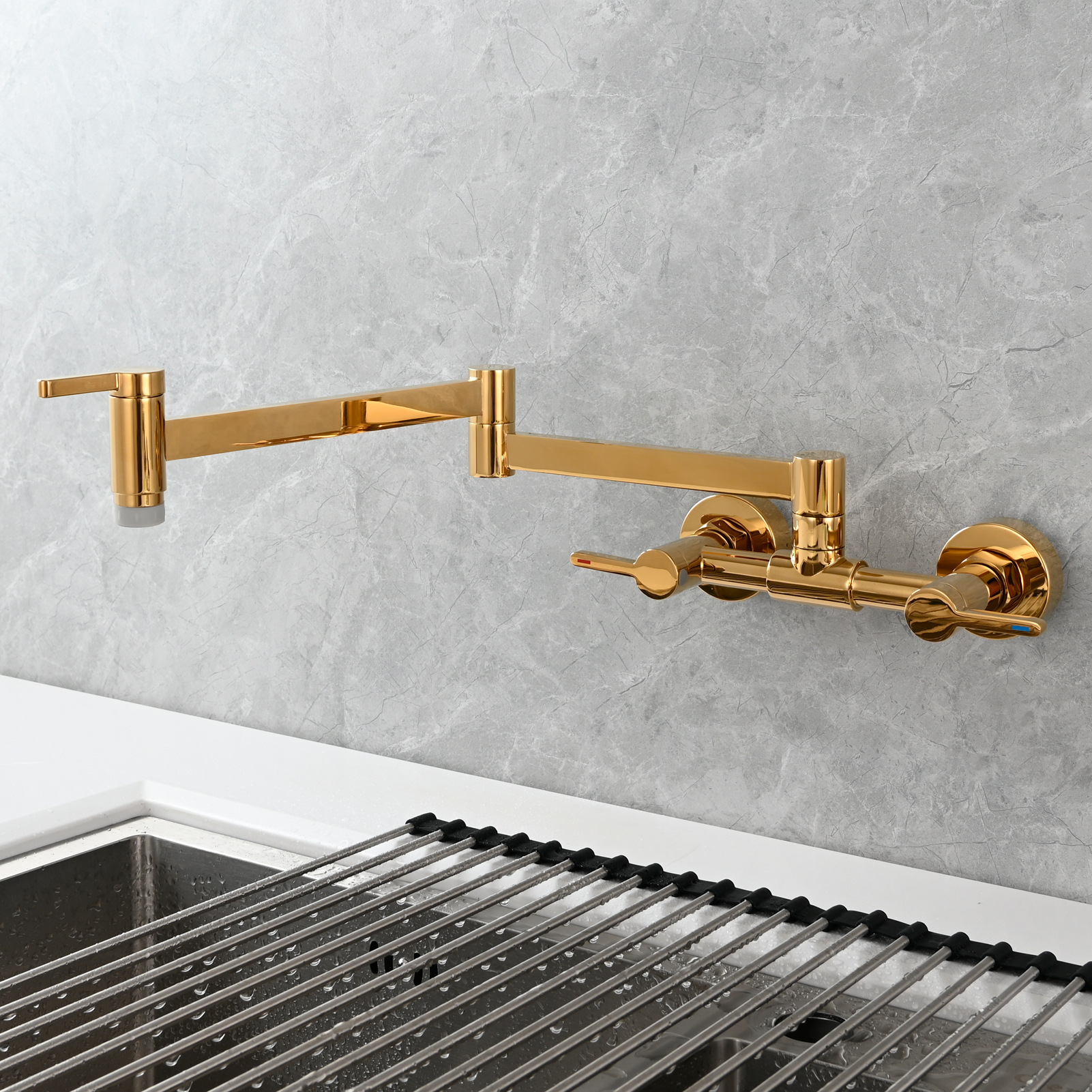 Tecmolog Brass Pot Filler Faucet Folding Kitchen Faucet with Double Joint Swing Arms Rotated Tap Wall Mounted for Hot and Cold Water Chrome/Brushed/Gold/Black