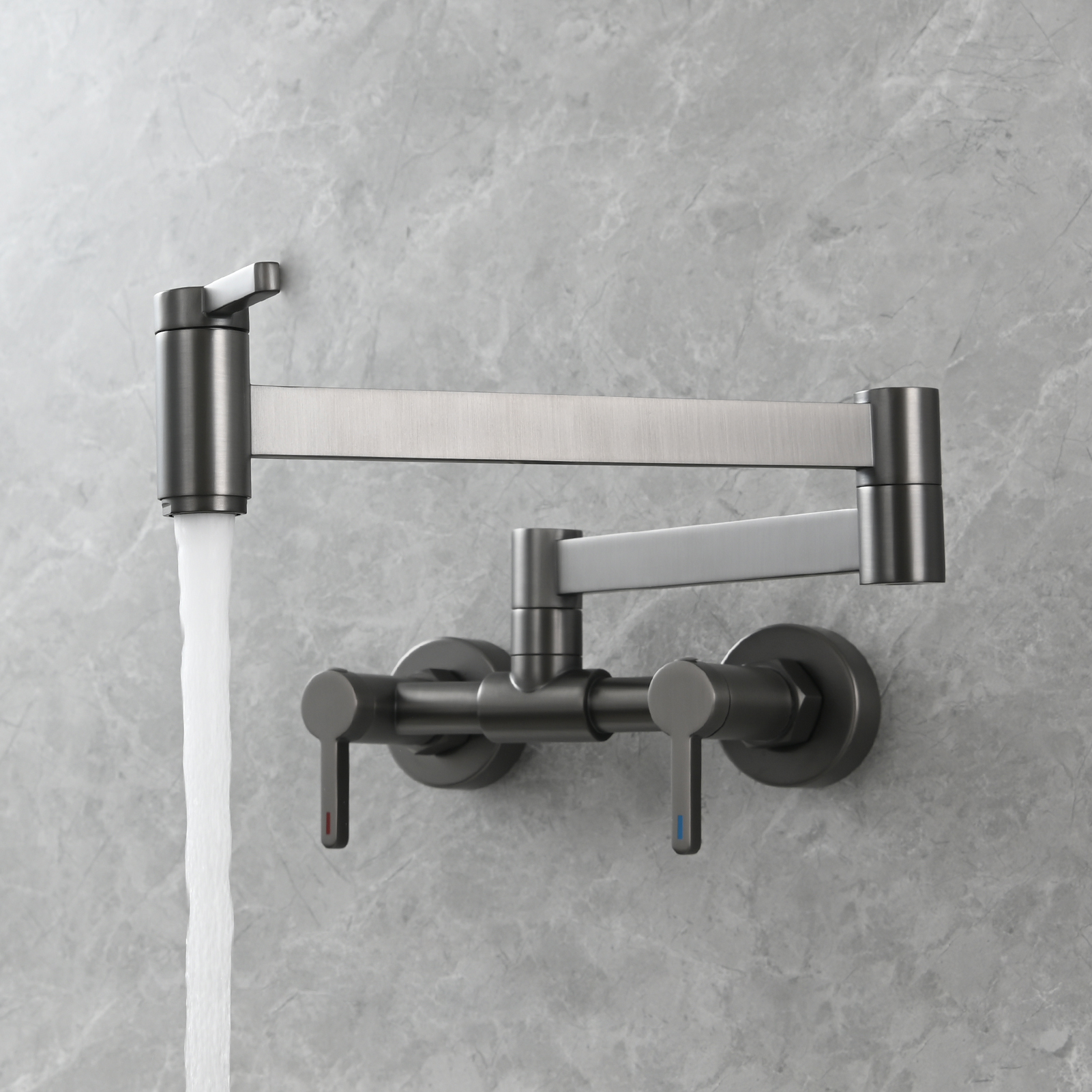 Tecmolog Brass Pot Filler Faucet Folding Kitchen Faucet with Double Joint Swing Arms Rotated Tap Wall Mounted for Hot and Cold Water Chrome/Brushed/Gold/Black