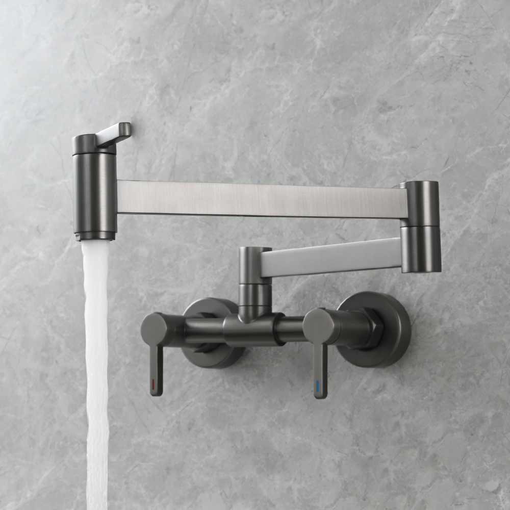 Tecmolog Brass Pot Filler Faucet Folding Kitchen Faucet with Double Joint Swing Arms Rotated Tap Wall Mounted for Hot and Cold Water Chrome/Brushed/Gold/Black