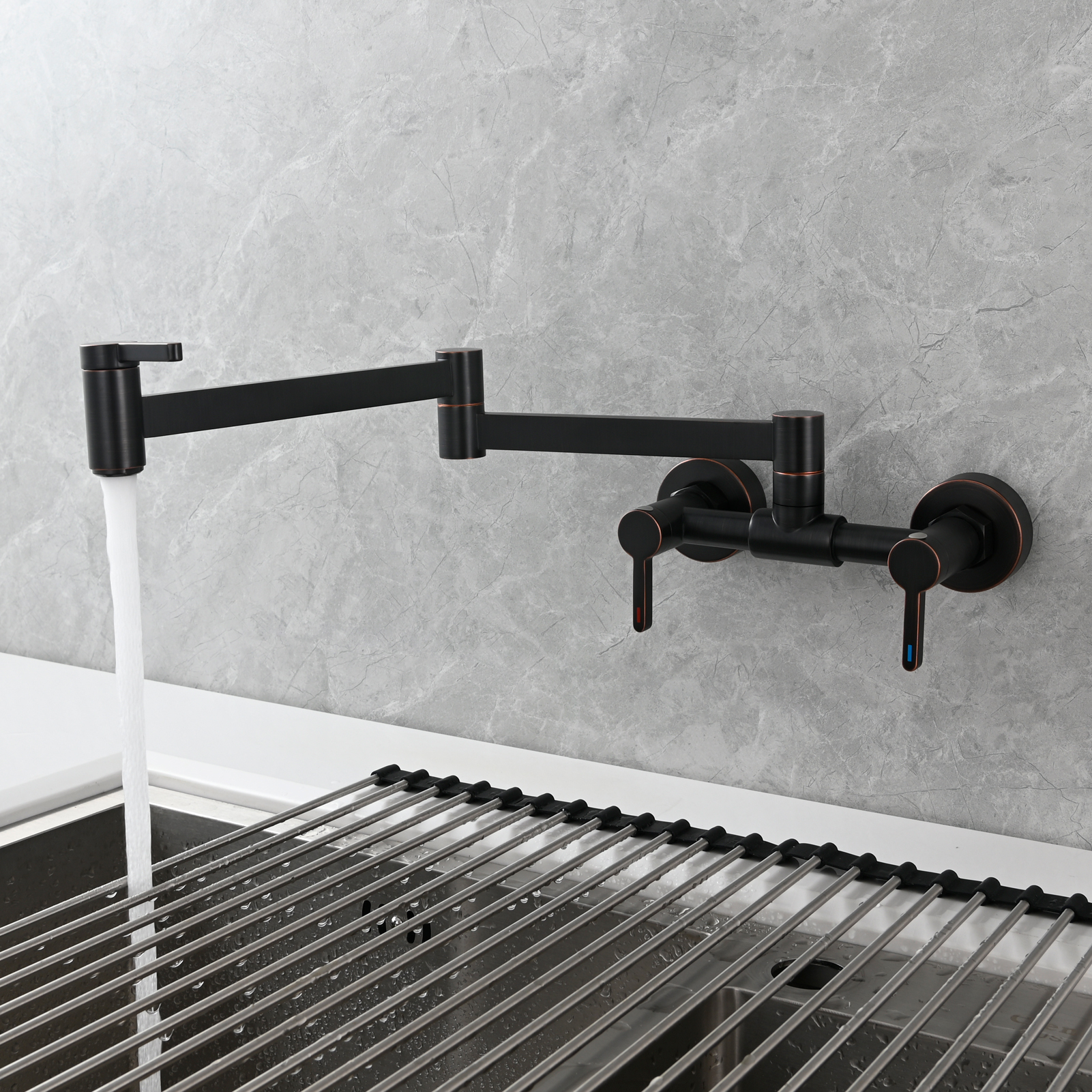 Tecmolog Brass Pot Filler Faucet Folding Kitchen Faucet with Double Joint Swing Arms Rotated Tap Wall Mounted for Hot and Cold Water Chrome/Brushed/Gold/Black