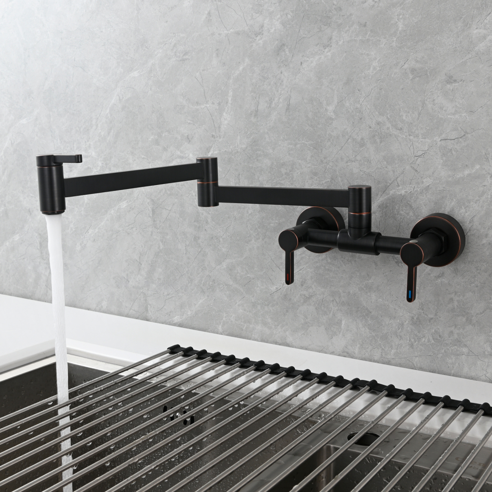 Tecmolog Brass Pot Filler Faucet Folding Kitchen Faucet with Double Joint Swing Arms Rotated Tap Wall Mounted for Hot and Cold Water Chrome/Brushed/Gold/Black