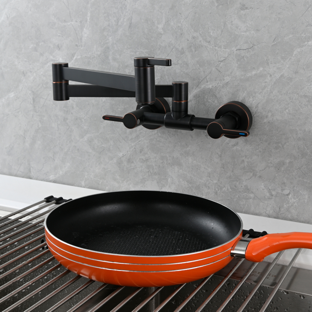 Tecmolog Brass Pot Filler Faucet Folding Kitchen Faucet with Double Joint Swing Arms Rotated Tap Wall Mounted for Hot and Cold Water Chrome/Brushed/Gold/Black