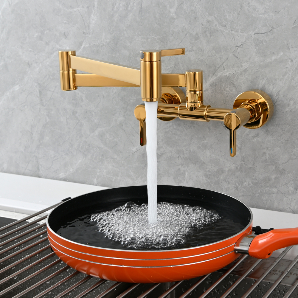 Tecmolog Brass Pot Filler Faucet Folding Kitchen Faucet with Double Joint Swing Arms Rotated Tap Wall Mounted for Hot and Cold Water Chrome/Brushed/Gold/Black