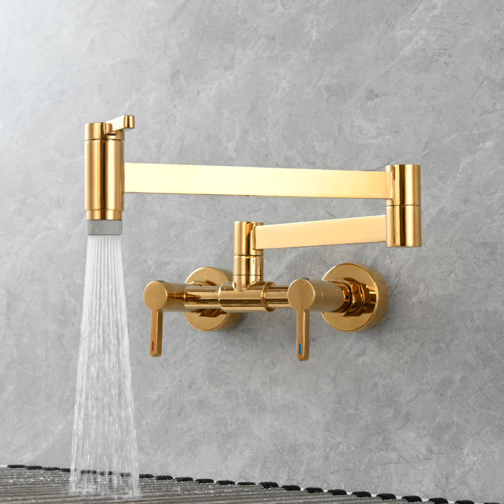 Tecmolog Brass Pot Filler Faucet Folding Kitchen Faucet with Double Joint Swing Arms Rotated Tap Wall Mounted for Hot and Cold Water Chrome/Brushed/Gold/Black