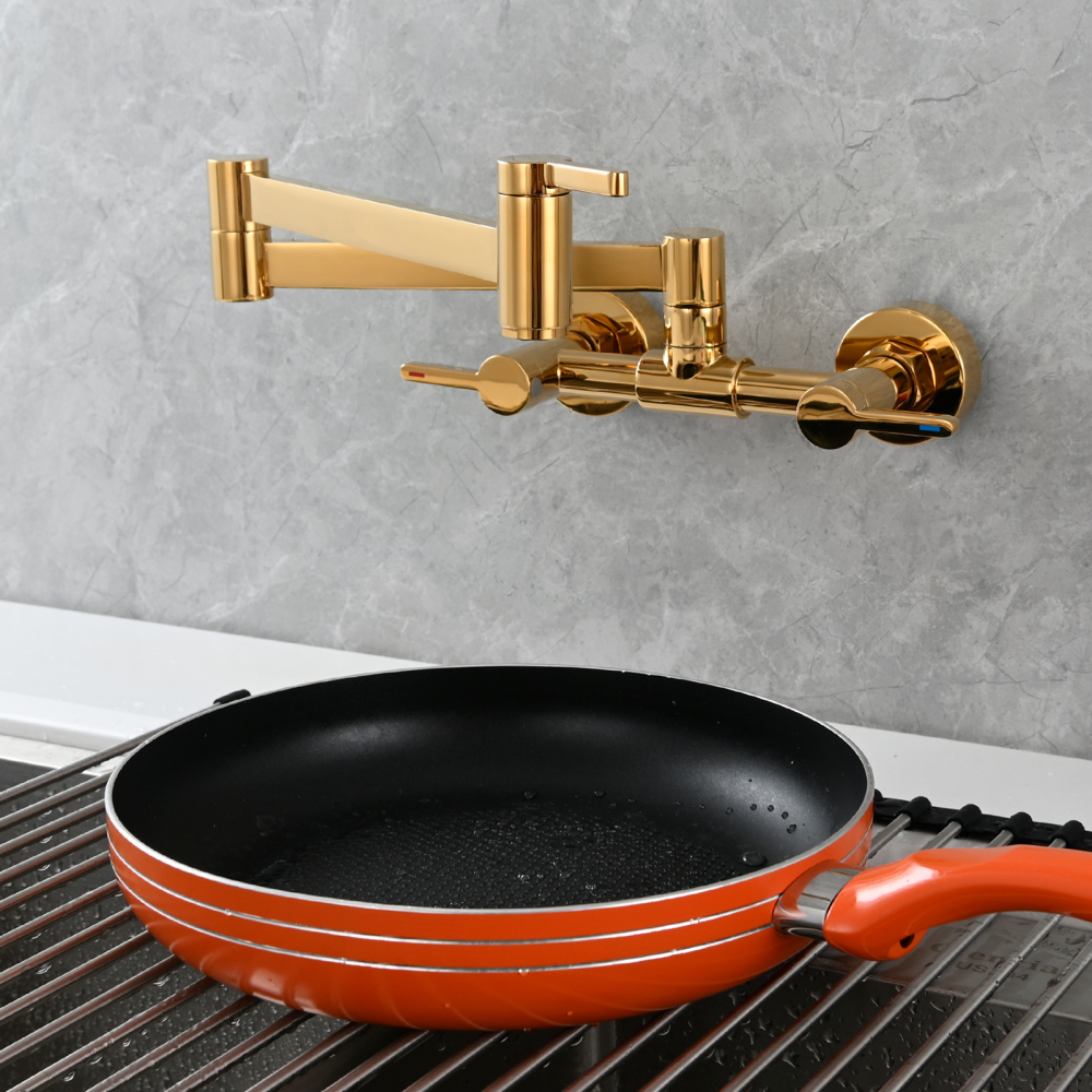 Tecmolog Brass Pot Filler Faucet Folding Kitchen Faucet with Double Joint Swing Arms Rotated Tap Wall Mounted for Hot and Cold Water Chrome/Brushed/Gold/Black