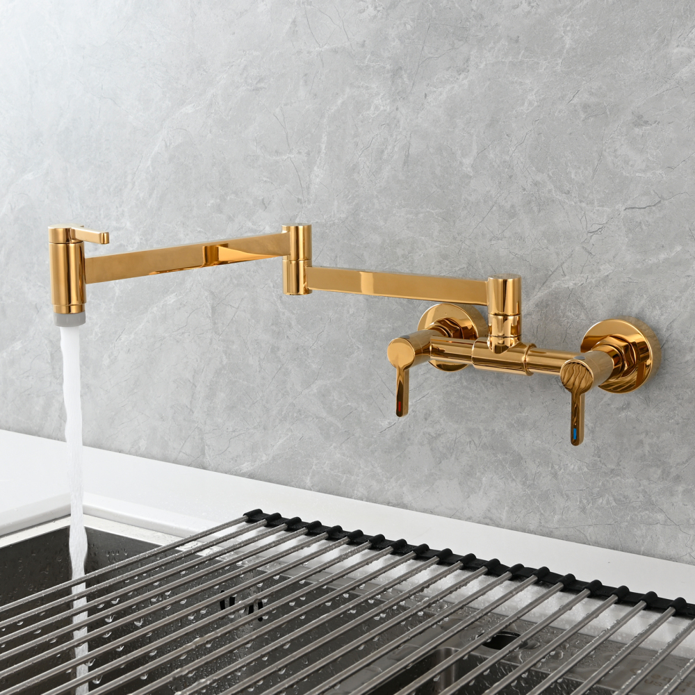 Tecmolog Brass Pot Filler Faucet Folding Kitchen Faucet with Double Joint Swing Arms Rotated Tap Wall Mounted for Hot and Cold Water Chrome/Brushed/Gold/Black