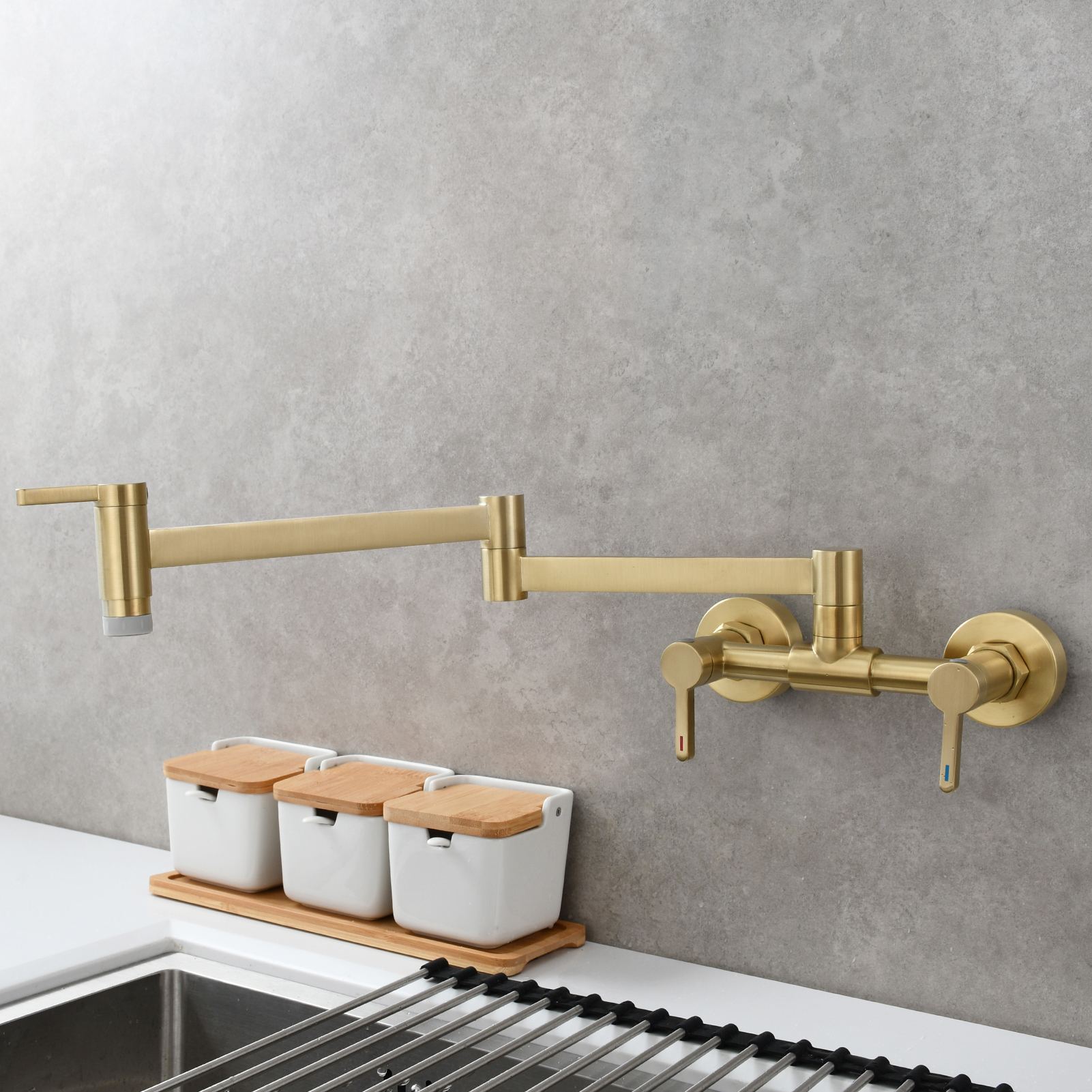 Tecmolog Brass Pot Filler Faucet Folding Kitchen Faucet with Double Joint Swing Arms Rotated Tap Wall Mounted for Hot and Cold Water Chrome/Brushed/Gold/Black