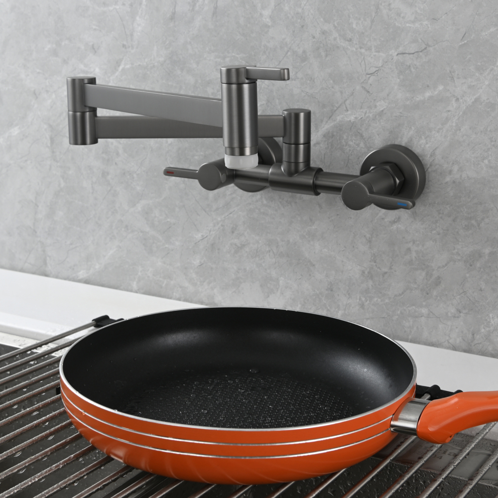 Tecmolog Brass Pot Filler Faucet Folding Kitchen Faucet with Double Joint Swing Arms Rotated Tap Wall Mounted for Hot and Cold Water Chrome/Brushed/Gold/Black