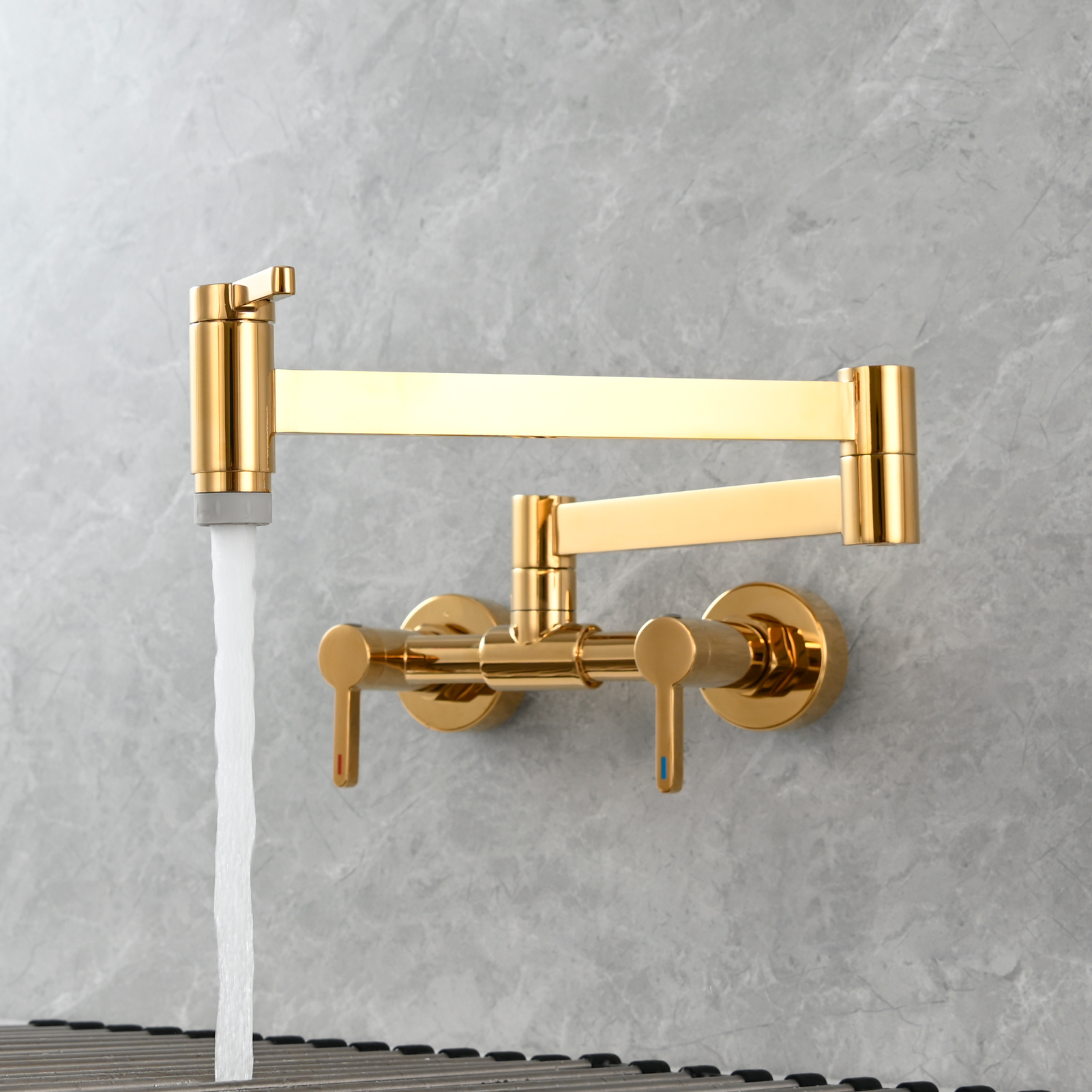 Tecmolog Brass Pot Filler Faucet Folding Kitchen Faucet with Double Joint Swing Arms Rotated Tap Wall Mounted for Hot and Cold Water Chrome/Brushed/Gold/Black