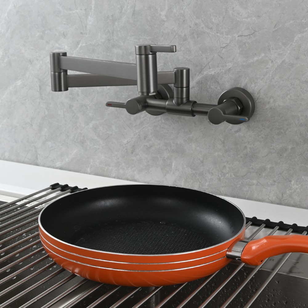 Tecmolog Brass Pot Filler Faucet Folding Kitchen Faucet with Double Joint Swing Arms Rotated Tap Wall Mounted for Hot and Cold Water Chrome/Brushed/Gold/Black