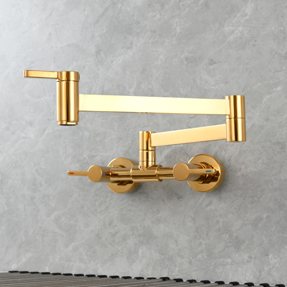 Tecmolog Brass Pot Filler Faucet Folding Kitchen Faucet with Double Joint Swing Arms Rotated Tap Wall Mounted for Hot and Cold Water Chrome/Brushed/Gold/Black