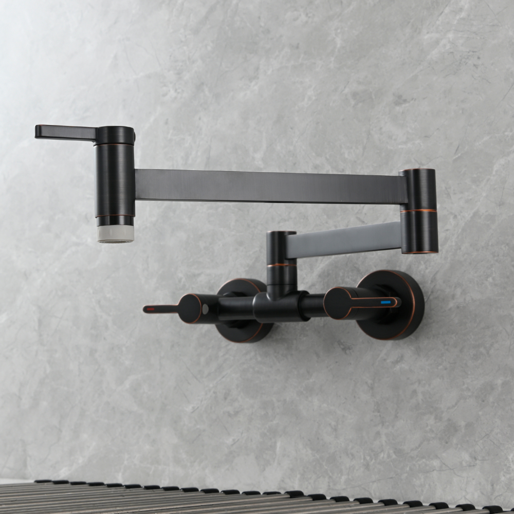 Tecmolog Brass Pot Filler Faucet Folding Kitchen Faucet with Double Joint Swing Arms Rotated Tap Wall Mounted for Hot and Cold Water Chrome/Brushed/Gold/Black