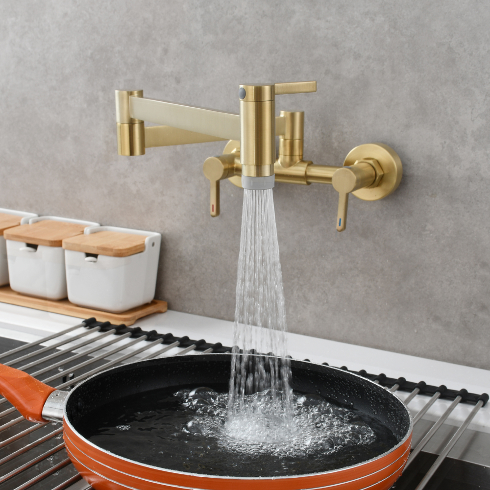 Tecmolog Brass Pot Filler Faucet Folding Kitchen Faucet with Double Joint Swing Arms Rotated Tap Wall Mounted for Hot and Cold Water Chrome/Brushed/Gold/Black