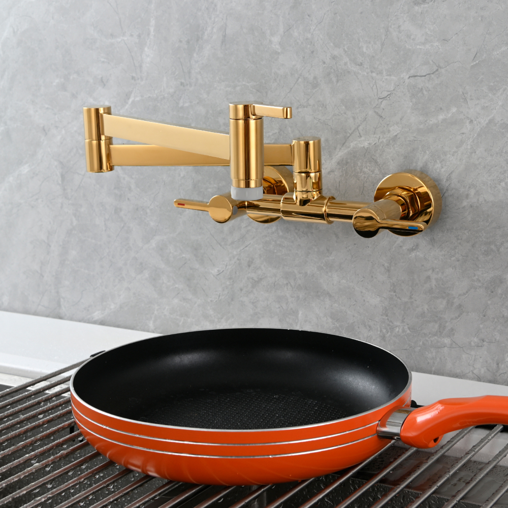 Tecmolog Brass Pot Filler Faucet Folding Kitchen Faucet with Double Joint Swing Arms Rotated Tap Wall Mounted for Hot and Cold Water Chrome/Brushed/Gold/Black