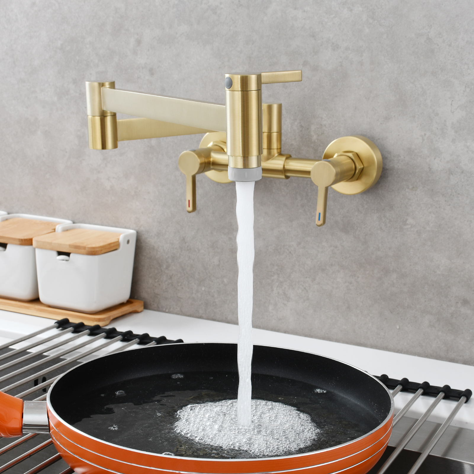 Tecmolog Brass Pot Filler Faucet Folding Kitchen Faucet with Double Joint Swing Arms Rotated Tap Wall Mounted for Hot and Cold Water Chrome/Brushed/Gold/Black