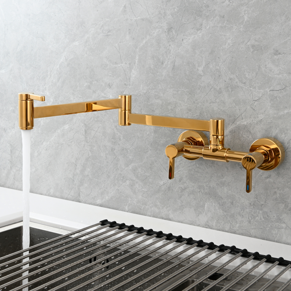 Tecmolog Brass Pot Filler Faucet Folding Kitchen Faucet with Double Joint Swing Arms Rotated Tap Wall Mounted for Hot and Cold Water Chrome/Brushed/Gold/Black