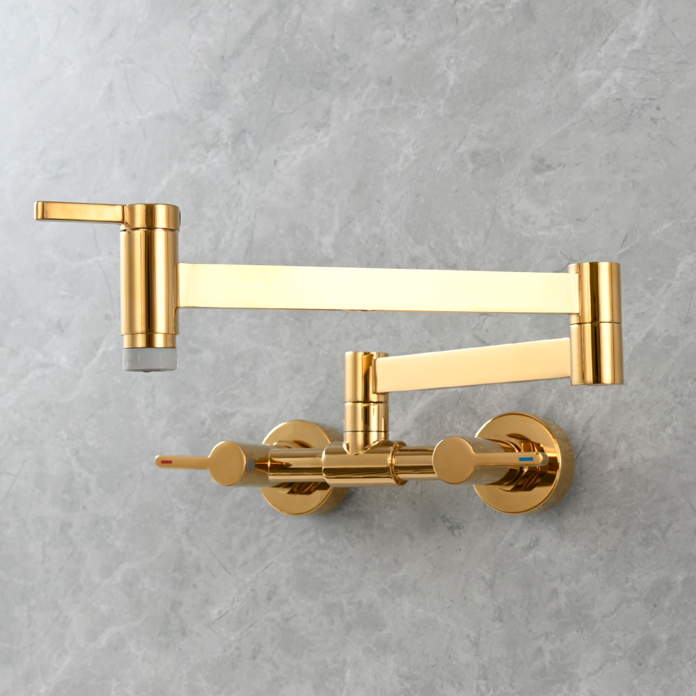 Tecmolog Brass Pot Filler Faucet Folding Kitchen Faucet with Double Joint Swing Arms Rotated Tap Wall Mounted for Hot and Cold Water Chrome/Brushed/Gold/Black