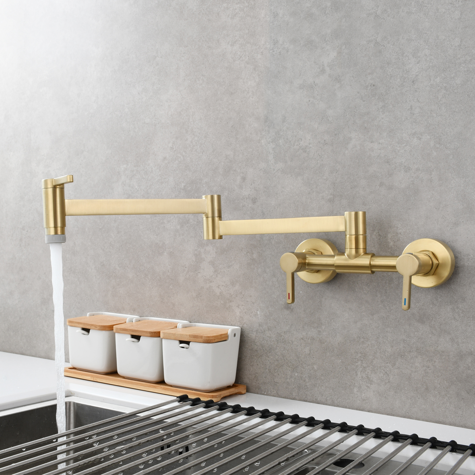 Tecmolog Brass Pot Filler Faucet Folding Kitchen Faucet with Double Joint Swing Arms Rotated Tap Wall Mounted for Hot and Cold Water Chrome/Brushed/Gold/Black