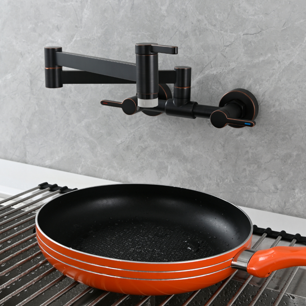 Tecmolog Brass Pot Filler Faucet Folding Kitchen Faucet with Double Joint Swing Arms Rotated Tap Wall Mounted for Hot and Cold Water Chrome/Brushed/Gold/Black