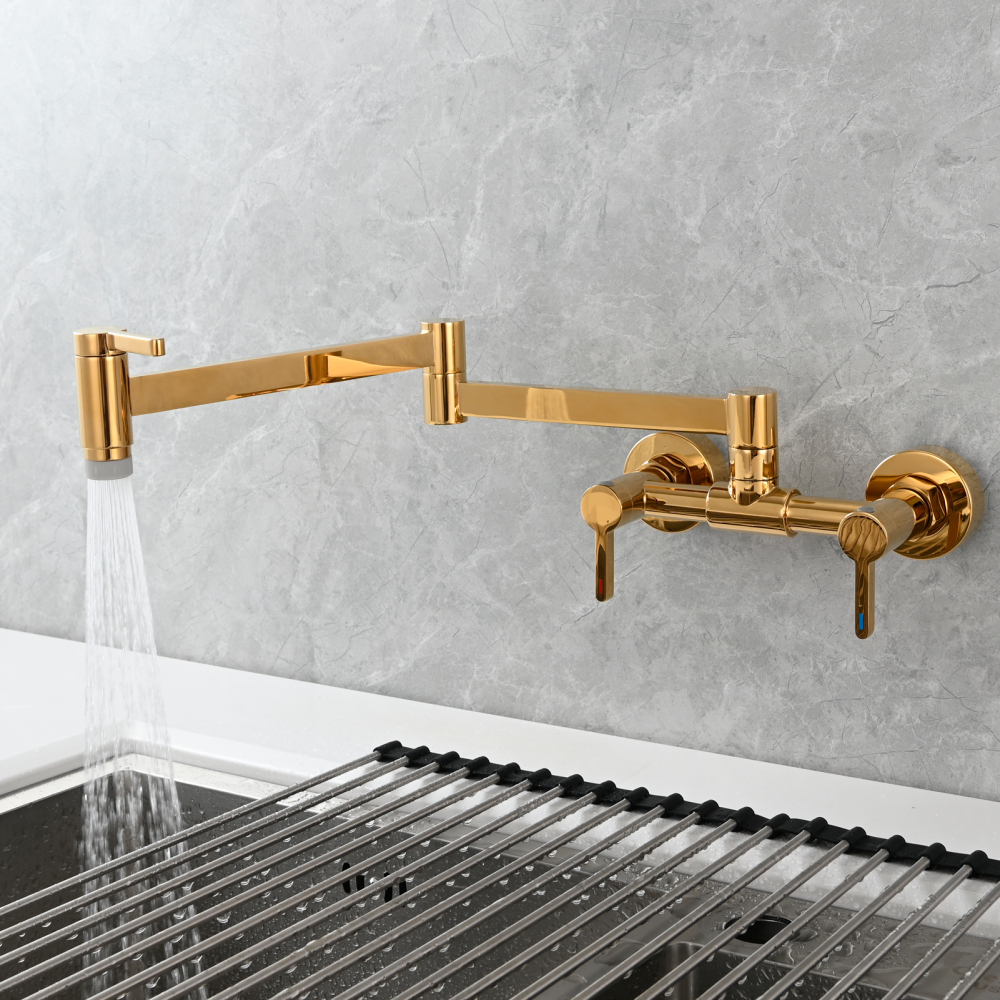 Tecmolog Brass Pot Filler Faucet Folding Kitchen Faucet with Double Joint Swing Arms Rotated Tap Wall Mounted for Hot and Cold Water Chrome/Brushed/Gold/Black