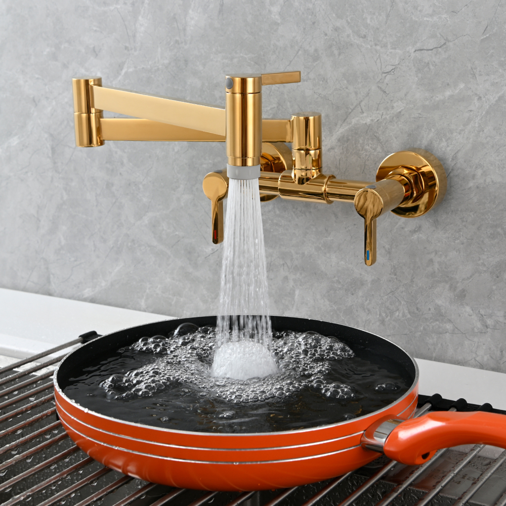 Tecmolog Brass Pot Filler Faucet Folding Kitchen Faucet with Double Joint Swing Arms Rotated Tap Wall Mounted for Hot and Cold Water Chrome/Brushed/Gold/Black