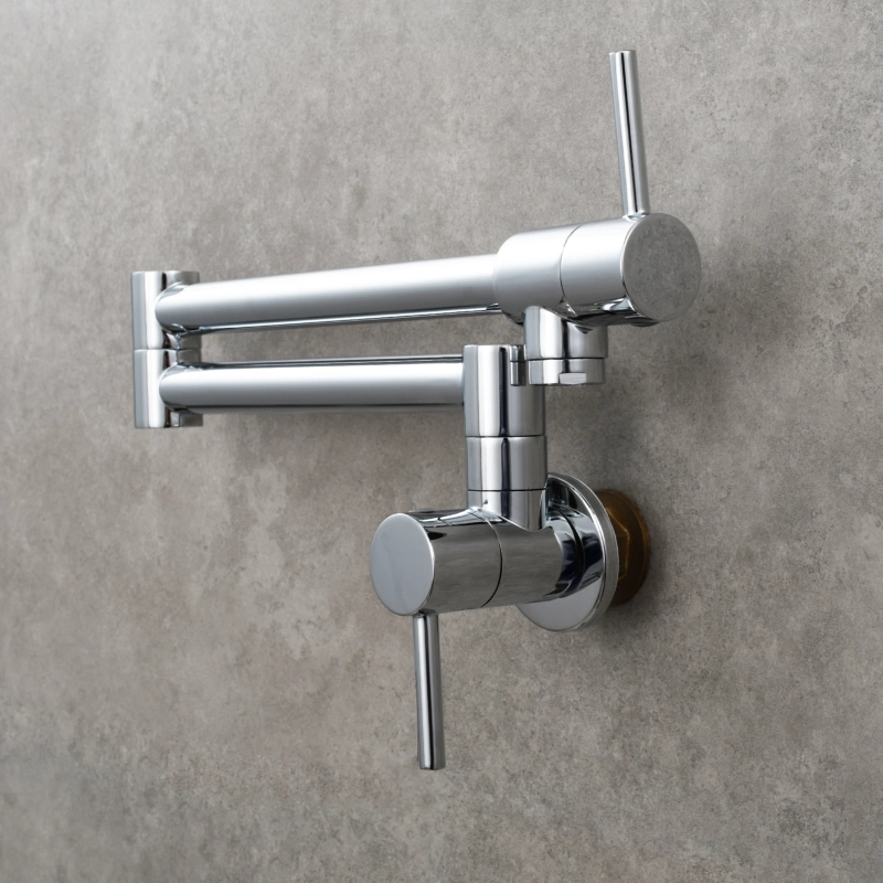 Tecmolog Brass Chrome Kitchen Faucet, Pot Filler Faucet Wall Mounted Folding Kitchen Tap with Double Handle, Single Cold water Tap
