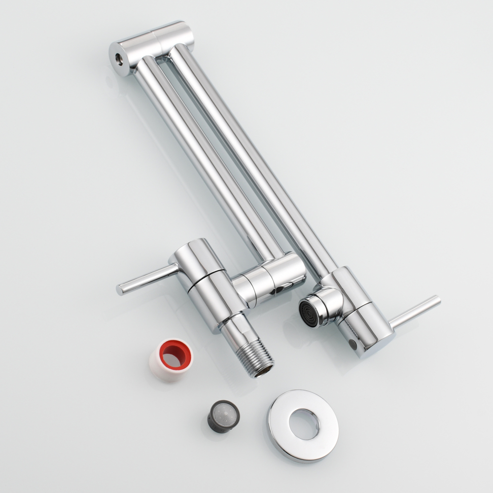 Tecmolog Brass Chrome Kitchen Faucet, Pot Filler Faucet Wall Mounted Folding Kitchen Tap with Double Handle, Single Cold water Tap