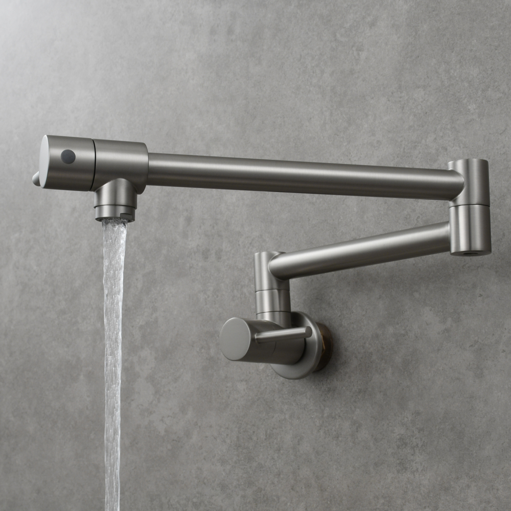 Tecmolog Brass Chrome Kitchen Faucet, Pot Filler Faucet Wall Mounted Folding Kitchen Tap with Double Handle, Single Cold water Tap