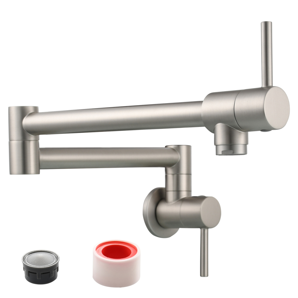 Tecmolog Brass Chrome Kitchen Faucet, Pot Filler Faucet Wall Mounted Folding Kitchen Tap with Double Handle, Single Cold water Tap