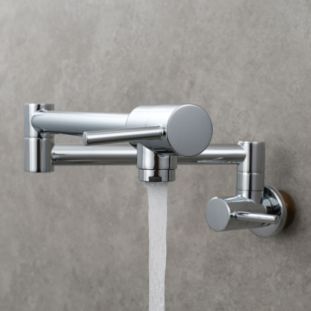 Tecmolog Brass Chrome Kitchen Faucet, Pot Filler Faucet Wall Mounted Folding Kitchen Tap with Double Handle, Single Cold water Tap