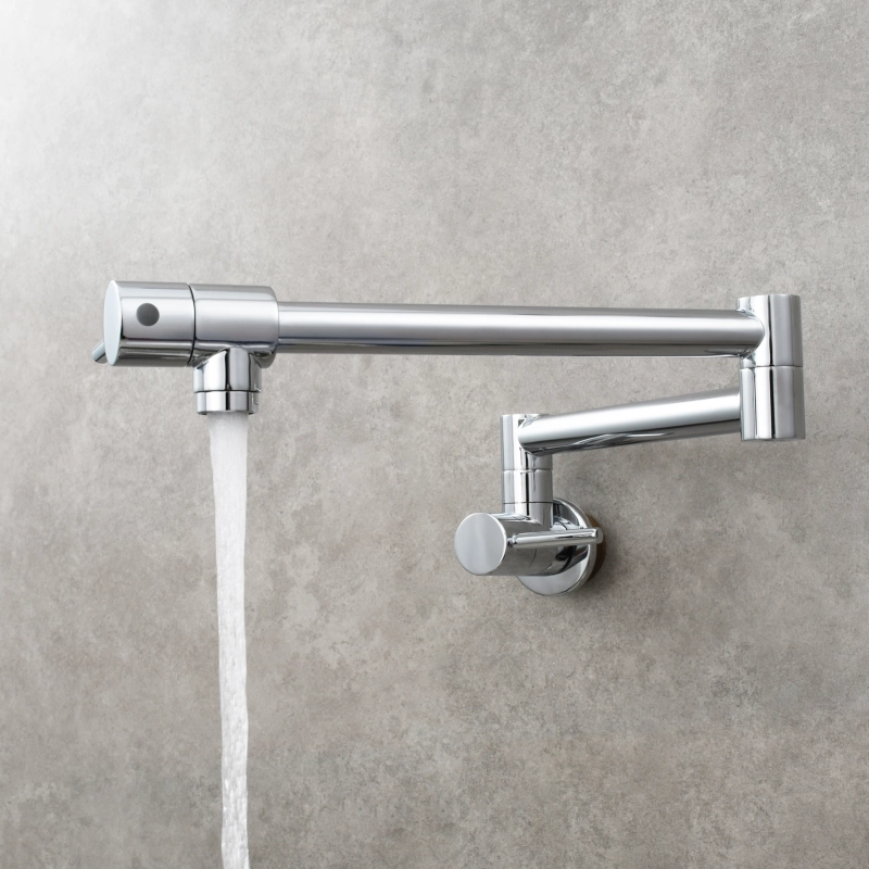 Tecmolog Brass Chrome Kitchen Faucet, Pot Filler Faucet Wall Mounted Folding Kitchen Tap with Double Handle, Single Cold water Tap