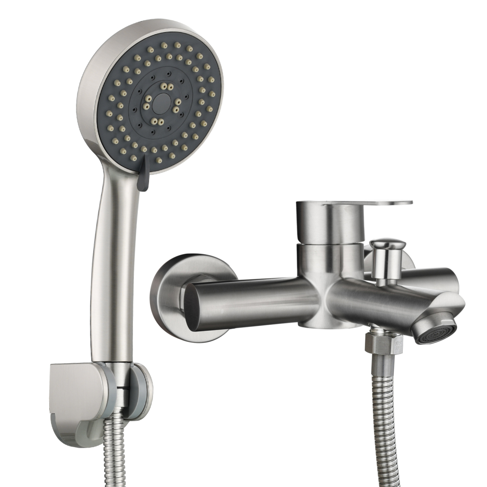 Tecmolog Wall Mount Bathroom Faucet Set Stainless Steel Bathtub Faucet with Handheld Shower and Hose Brushed Nickel
