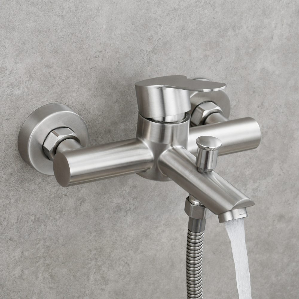 Tecmolog Wall Mount Bathroom Faucet Set Stainless Steel Bathtub Faucet with Handheld Shower and Hose Brushed Nickel