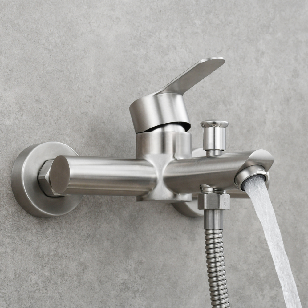 Tecmolog Wall Mount Bathroom Faucet Set Stainless Steel Bathtub Faucet with Handheld Shower and Hose Brushed Nickel