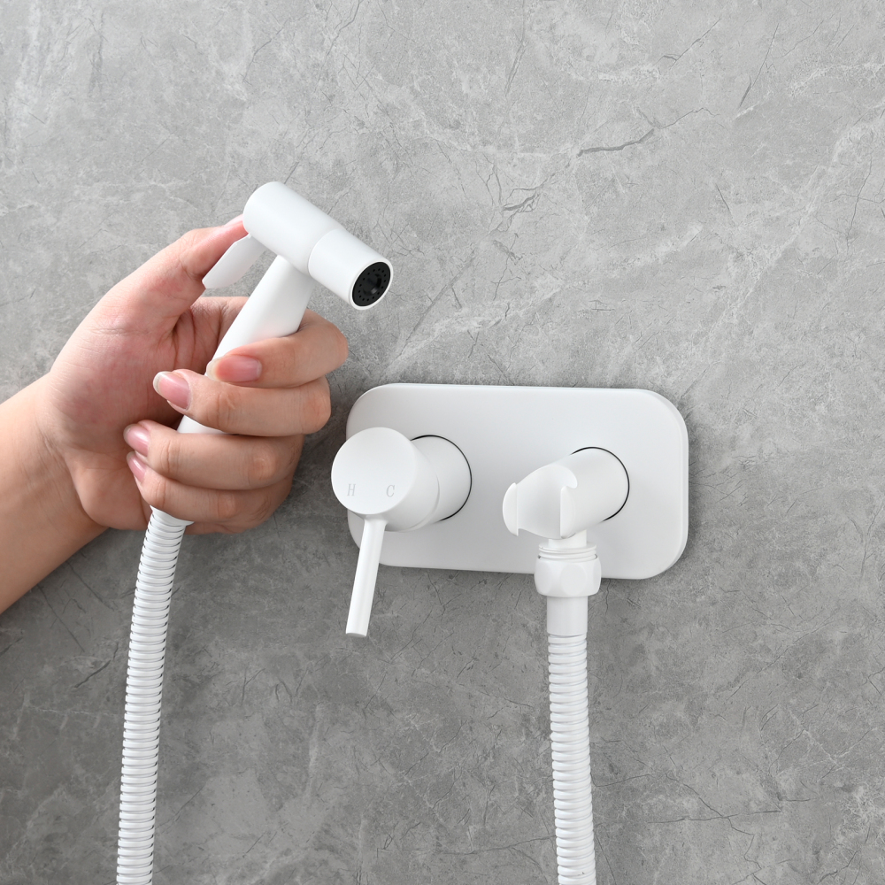 Tecmolog Stainless Steel Bathroom Bidet Sprayer Set, Hot and Cold Concealed Bidet Sprayer Kit for Toilet, Brushed Nickel/Black, WS024F9/WS024CF3