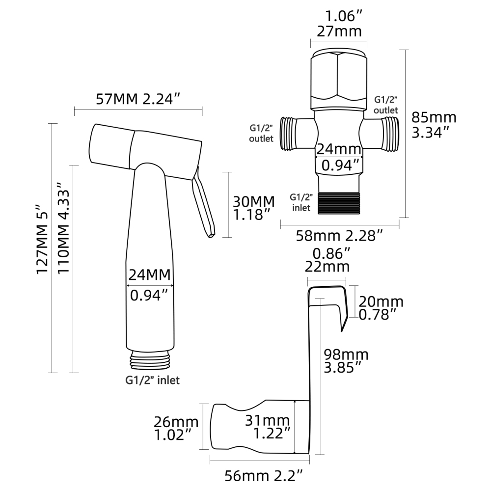 Tecmolog Handheld Bidet Sprayer Set, Stainless Steel Shattaf, Cloth Diaper Sprayer for Toilet WS024F2