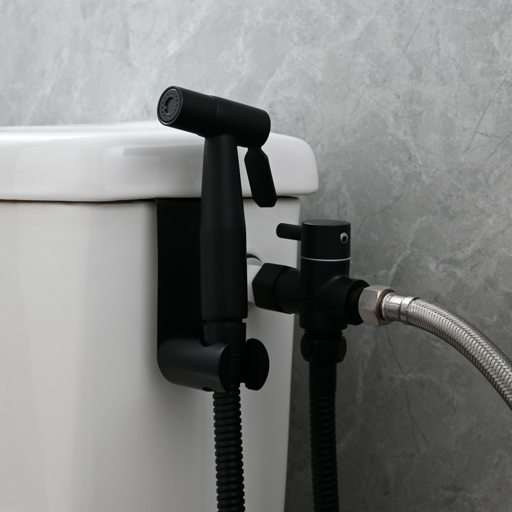 Tecmolog Cloth Diaper Sprayer Set Stainless Steel Hand Held Bidet Sprayer Shattaf with 3/8” T Valve and Bracket Holder Black WS024CF2