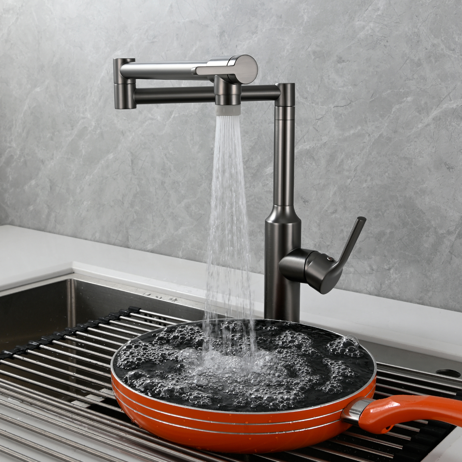 Tecmolog Brass Hot and Cold Folding Fucet,Smooth Handle Deck Mount Faucet for Kitchen