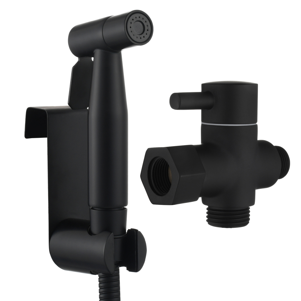 Tecmolog Cloth Diaper Sprayer Set Stainless Steel Hand Held Bidet Sprayer Shattaf with 3/8” T Valve and Bracket Holder Black WS024CF2