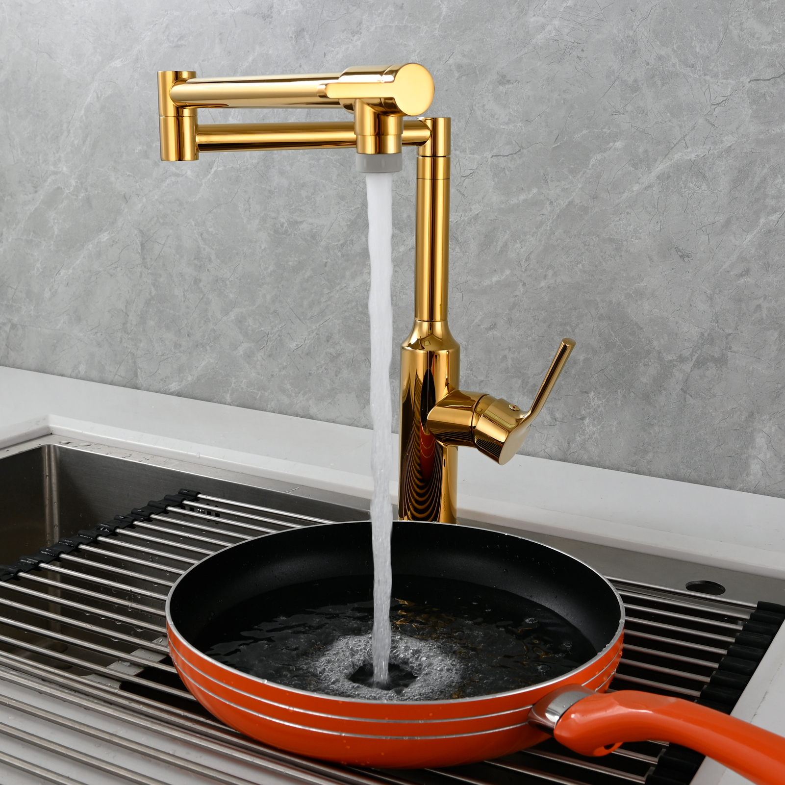Tecmolog Brass Hot and Cold Folding Fucet,Smooth Handle Deck Mount Faucet for Kitchen