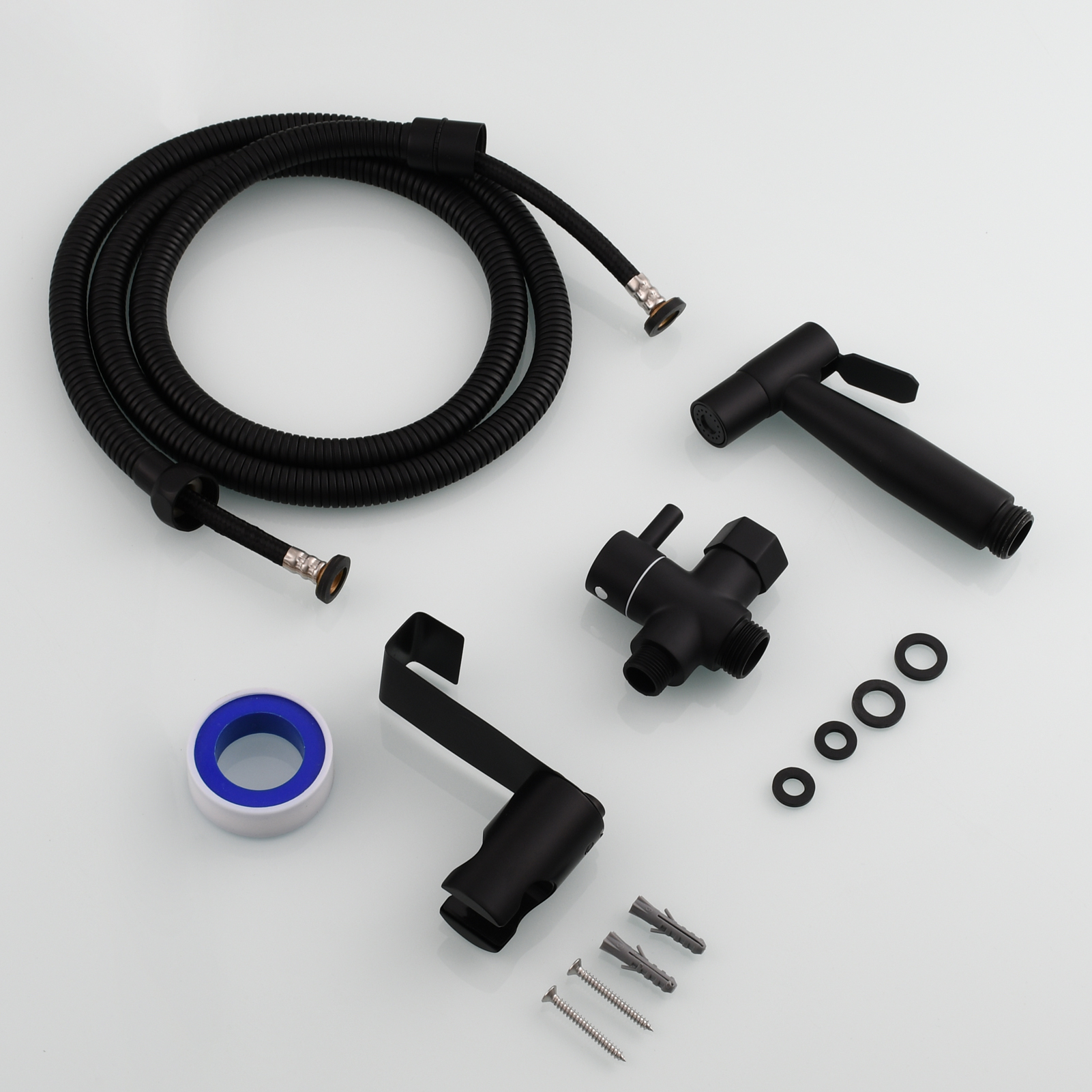 Tecmolog Cloth Diaper Sprayer Set Stainless Steel Hand Held Bidet Sprayer Shattaf with 3/8” T Valve and Bracket Holder Black WS024CF2