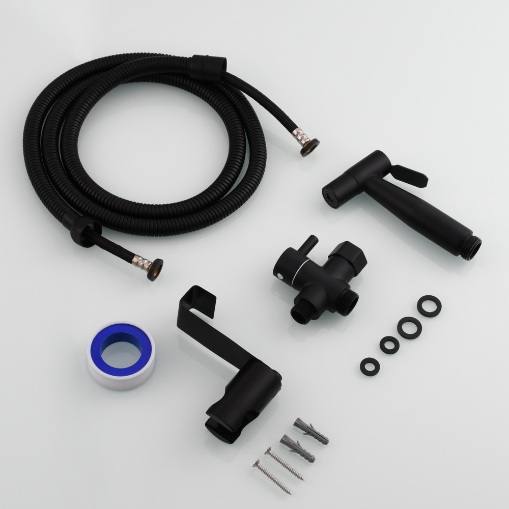 Tecmolog Cloth Diaper Sprayer Set Stainless Steel Hand Held Bidet Sprayer Shattaf with 3/8” T Valve and Bracket Holder Black WS024CF2