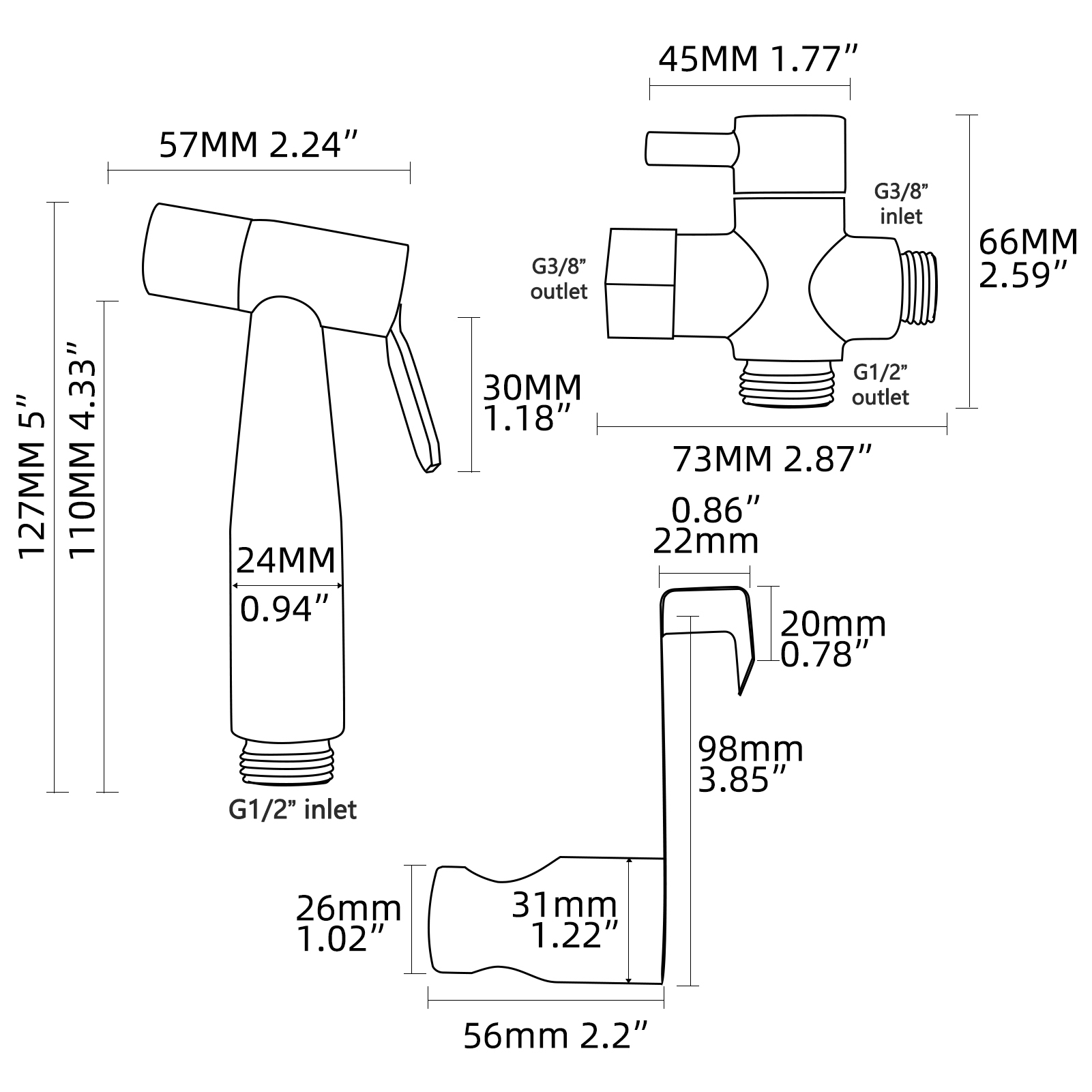 Tecmolog Cloth Diaper Sprayer Set Stainless Steel Hand Held Bidet Sprayer Shattaf with 3/8” T Valve and Bracket Holder Black WS024CF2