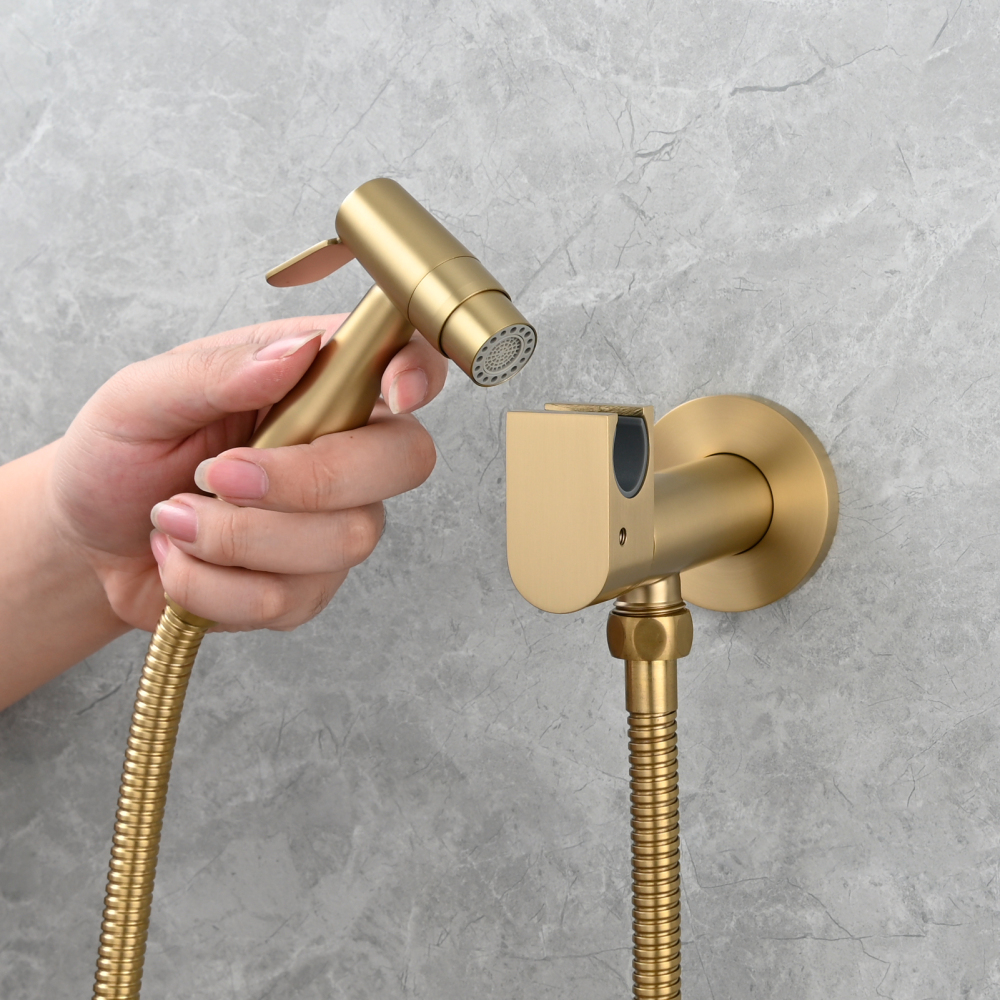 Tecmolog Toilet Bidet Sprayer, Brushed Gold Bidet Sprayer for Toilet Warm Water, Jet Sprayer for Toilet with Hot and Cold Mixer Valve