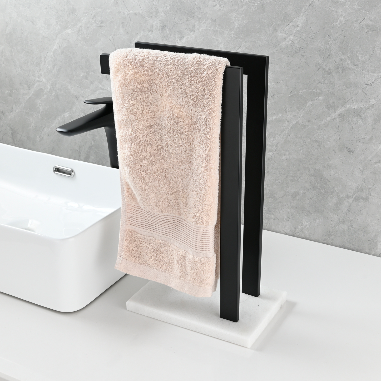 Tecmolog SUS304 Stainless Steel Towel Holder,Freestanding Bathroom Marble Basin Double Towel Rack,Brushed Gold,Black